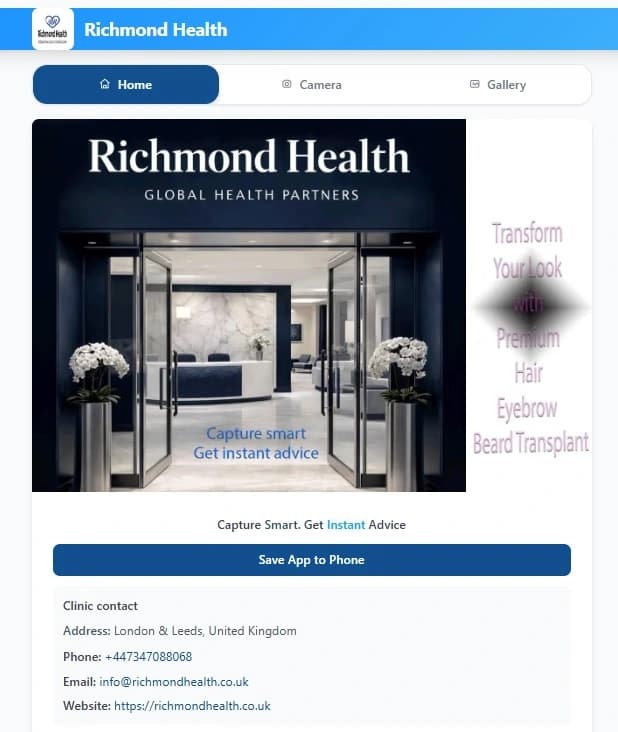 MyHairUp app example: branded clinic interface, camera and gallery